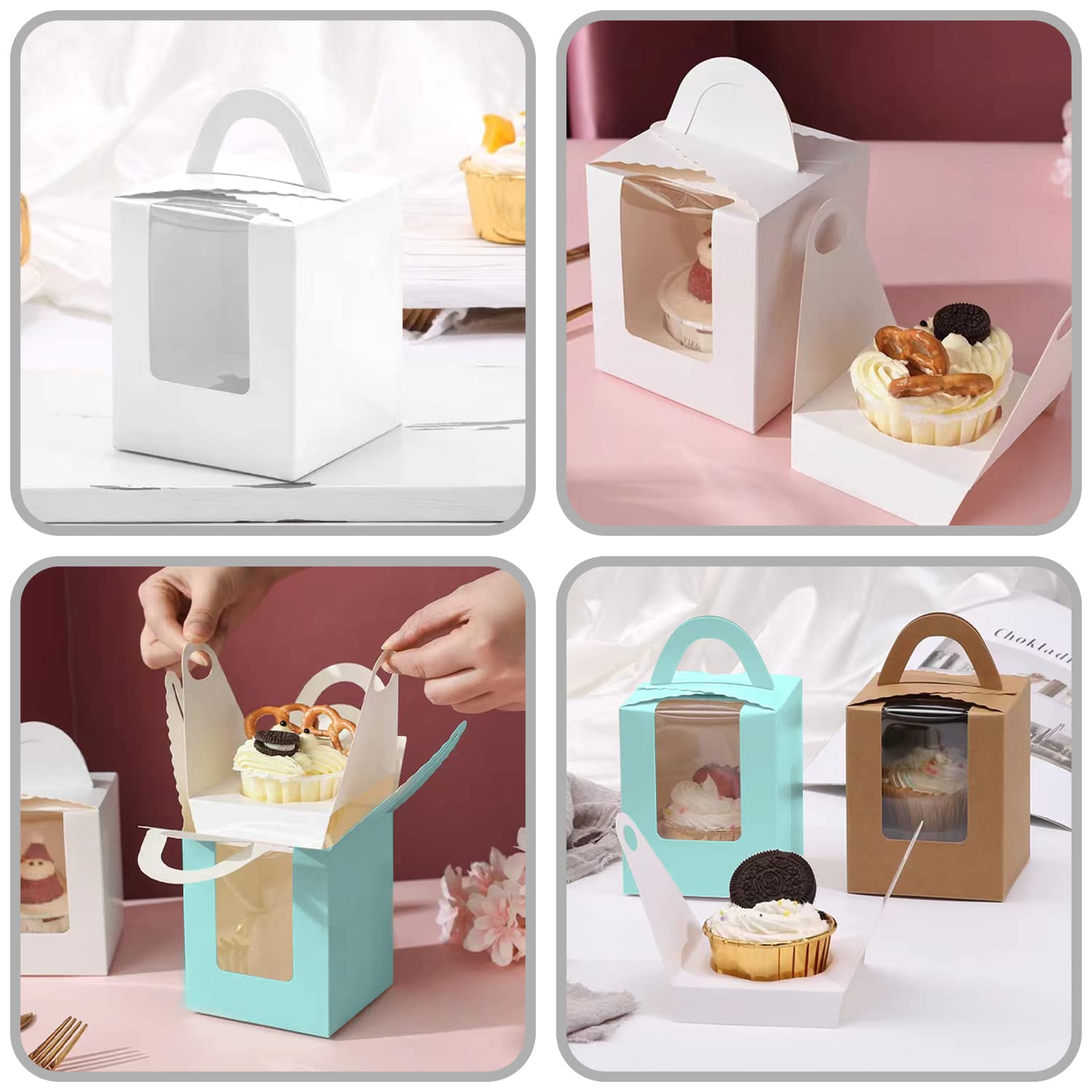 Coolty 50 Pezzi Scatole per Cupcake 2 Fori Scatole per Muffin Scatola Cupcake con Finestra e Inserti Scatola per Dessert Muffin Pasticcini Macarons Torte Regali (Marrone