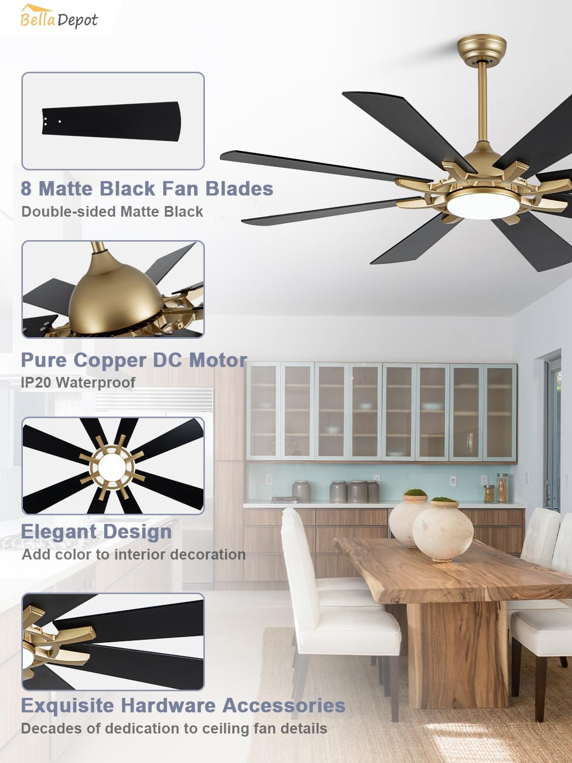 Bella Depot 60" Black and Gold Ceiling Fan with Light Large Ceiling Fan with Remote Dimmable LED Tri-Color Temperature 6-Speed Quiet DC Motor Chandelier Fan for Bedroom Living Room Patio