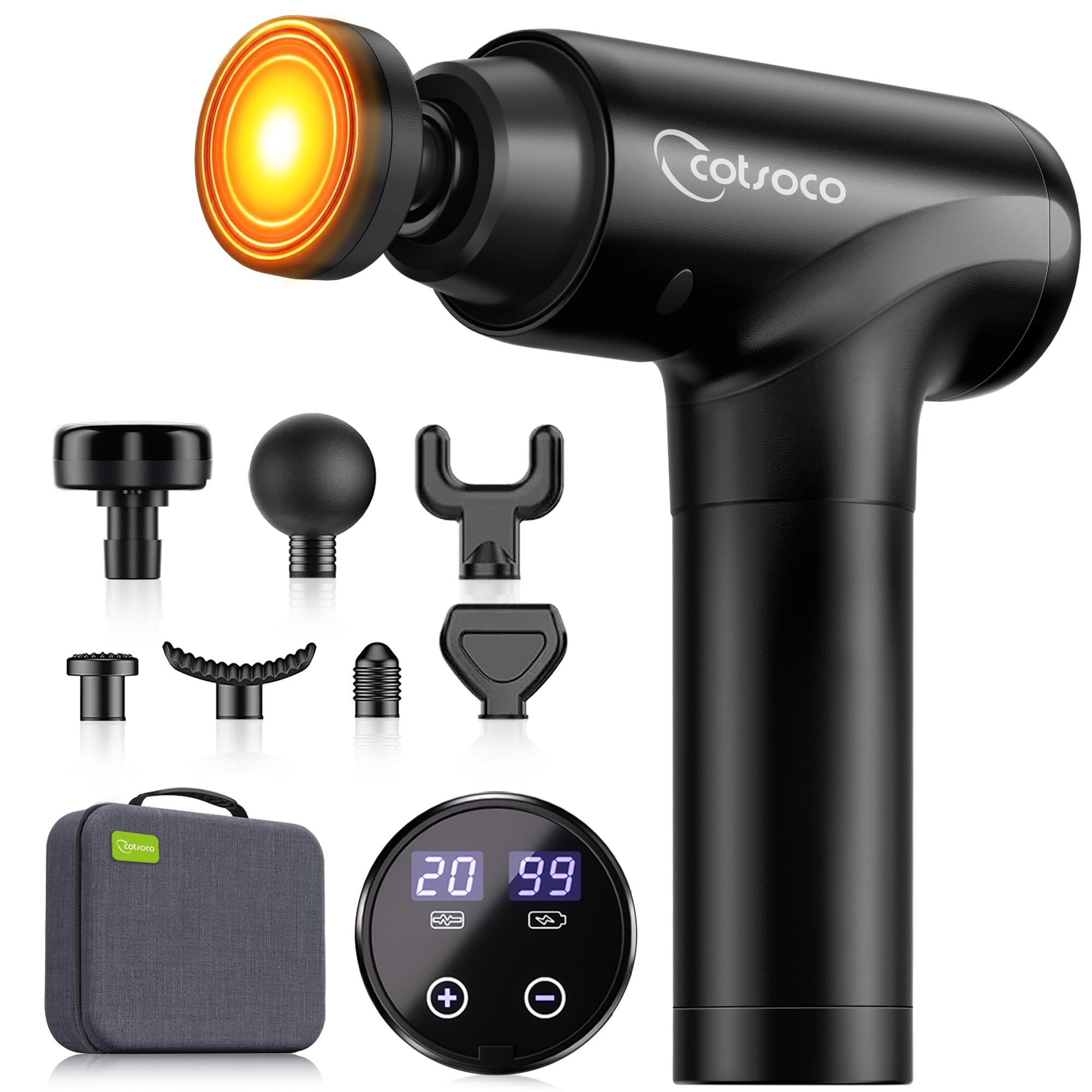 cotsoco Massage Gun with Heat Head, Muscle Massage Gun Deep Tissue Back Massager for Pain Relief, 20 Speeds Handheld Electric Massager Tool with Silent Brushless Motor, Gym Office Home Travel Use