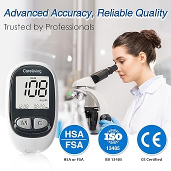 مجموعة مراقبة الجلوكوز في الدم CareLiving MM1100 مع 100 شريط اختبار، 100 مشارط، 1 مقياس الجلوكوز في الدم، 1 جهاز الوخز، مجموعة اختبار مرض السكري، مجموعة اختبار السكر في الدم المحمولة، مجموعة مقياس السكر للمنزل