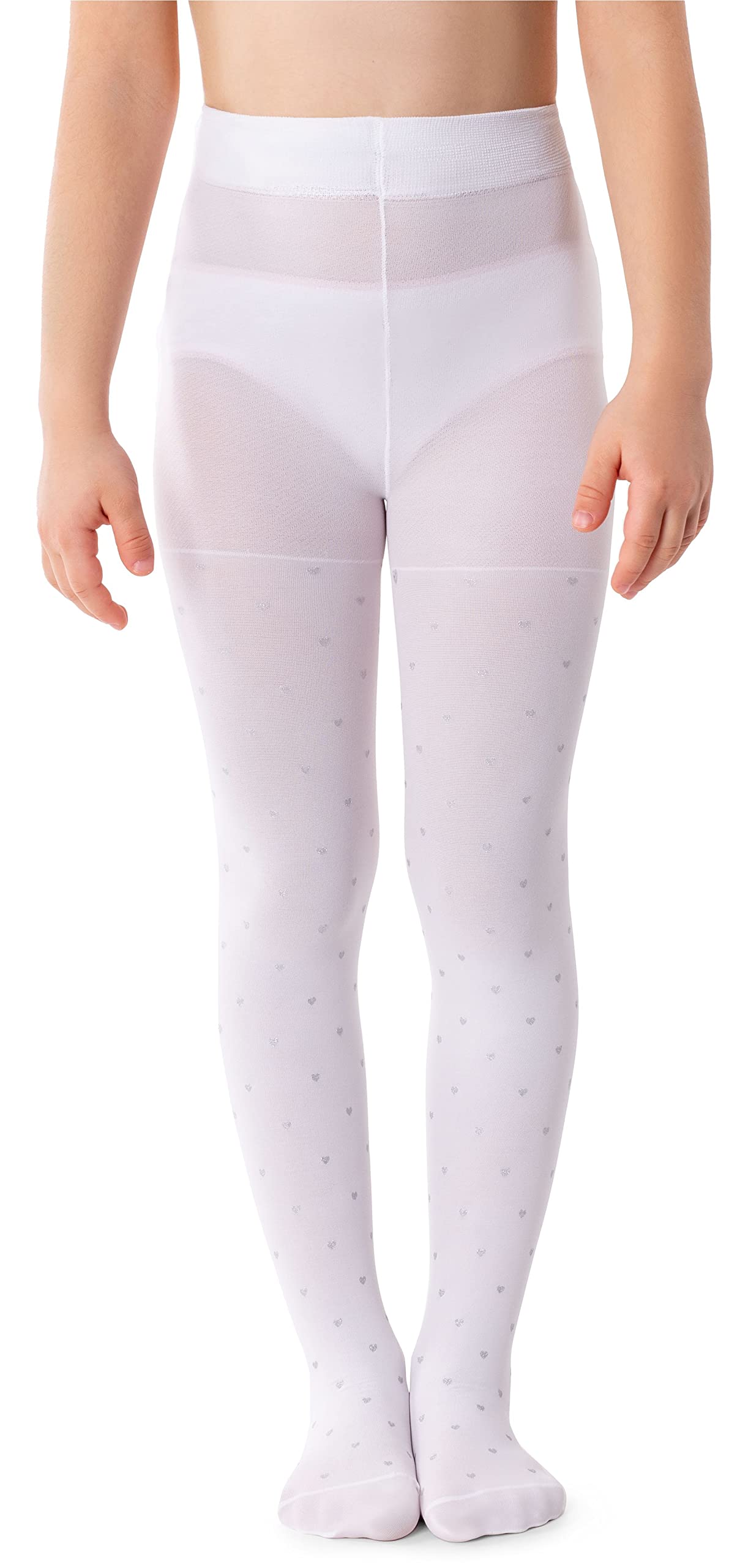 Noq Girls Suzi 3 Hearts Bianco Children Thin Tights With Beautiful Print Patterned Pantyhose 40 Den School Dance Ceremony Casual, 2-3 Years (92-98)