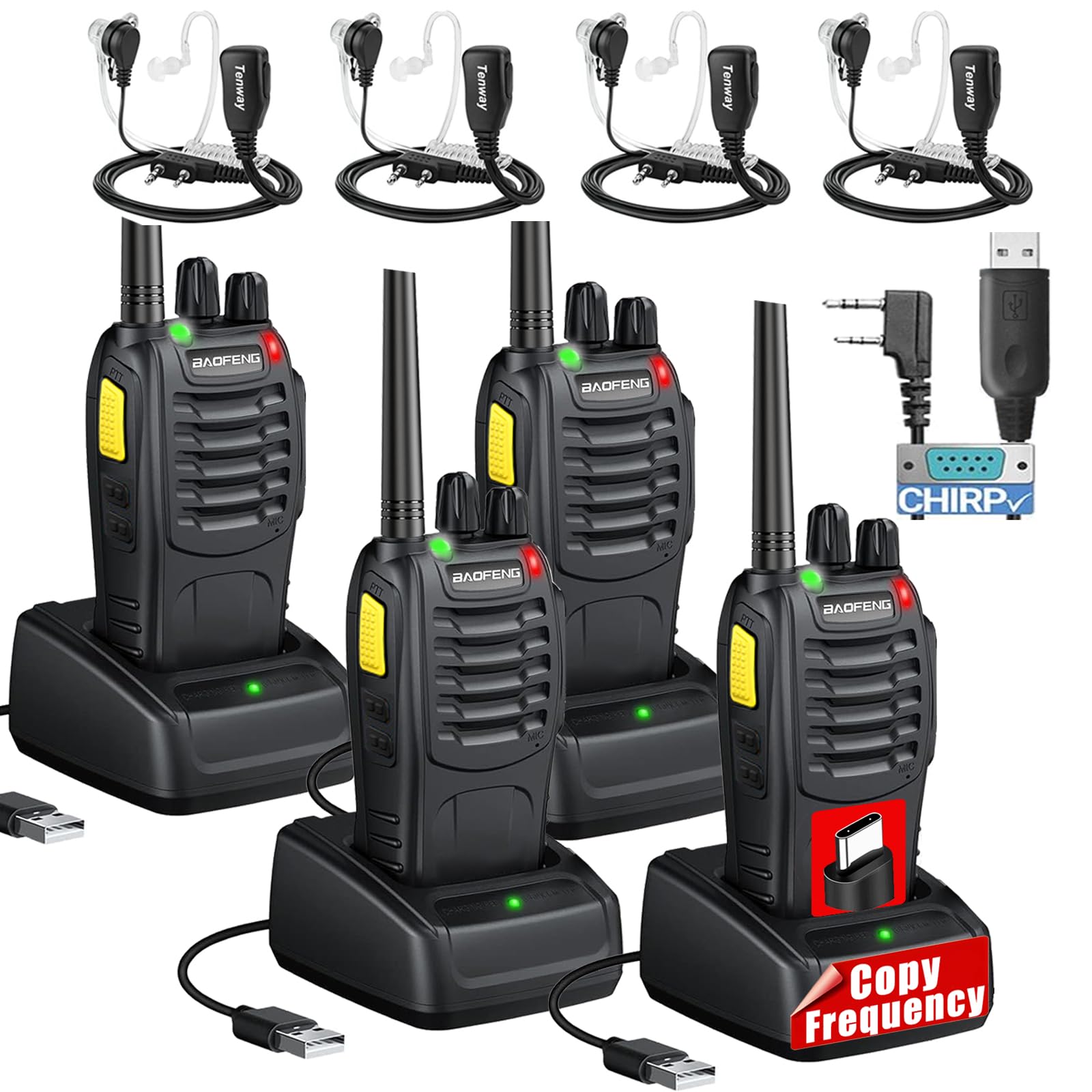 Baofeng BF-888HD Two-Way Radio Walkie Talkie 6W Long Range Rechargeable with Type-C Charging Dock FCC Certified for Construction Sites Fleet Adults/Kids Outdoor Activities (Upgraded from 888S) 4pack