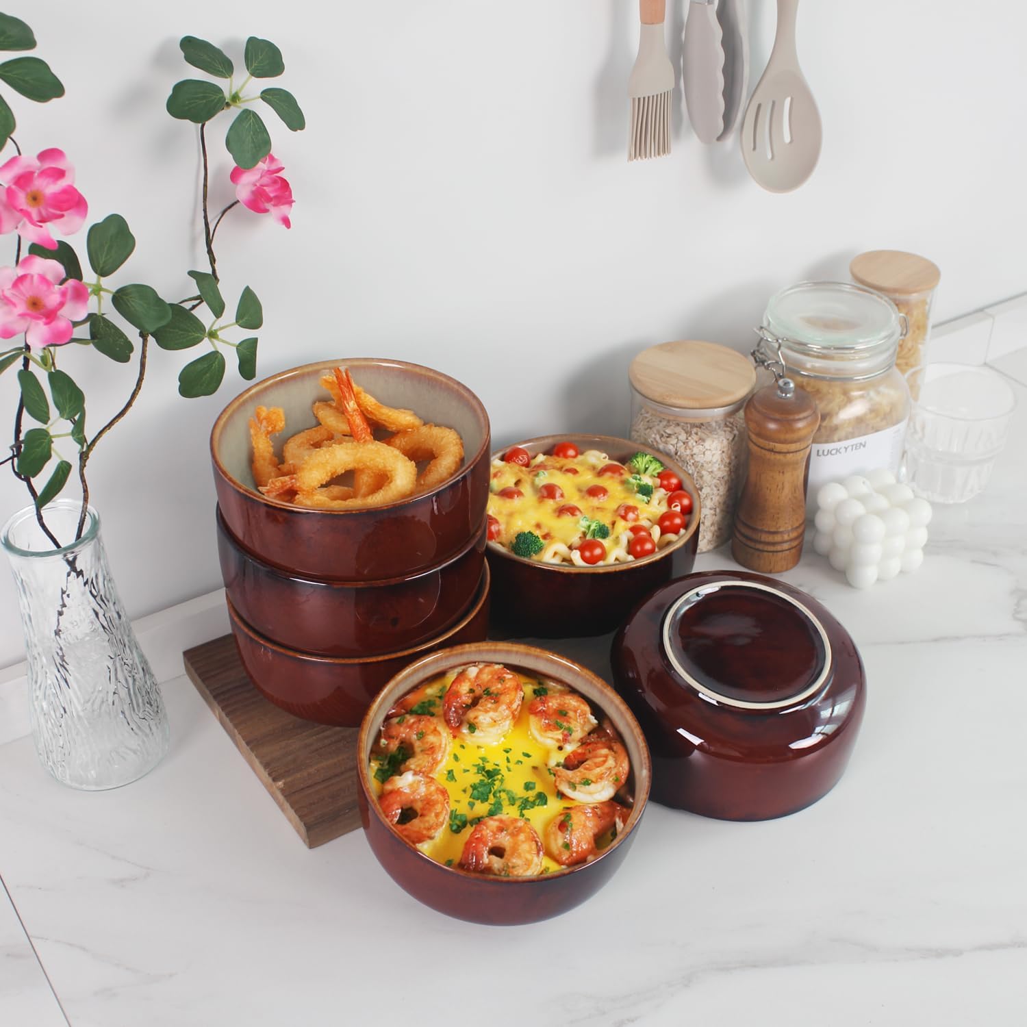 Ceramic Cereal Bowls Set, 22 Ounce, for dip, Soup, Salad, Pasta, Oatmeal, Ramen Bowls Set of 6 - Rice Dessert Cream Bowls Set - Chip Resistant Dishwasher Microwave Safe, 6.1 Inch