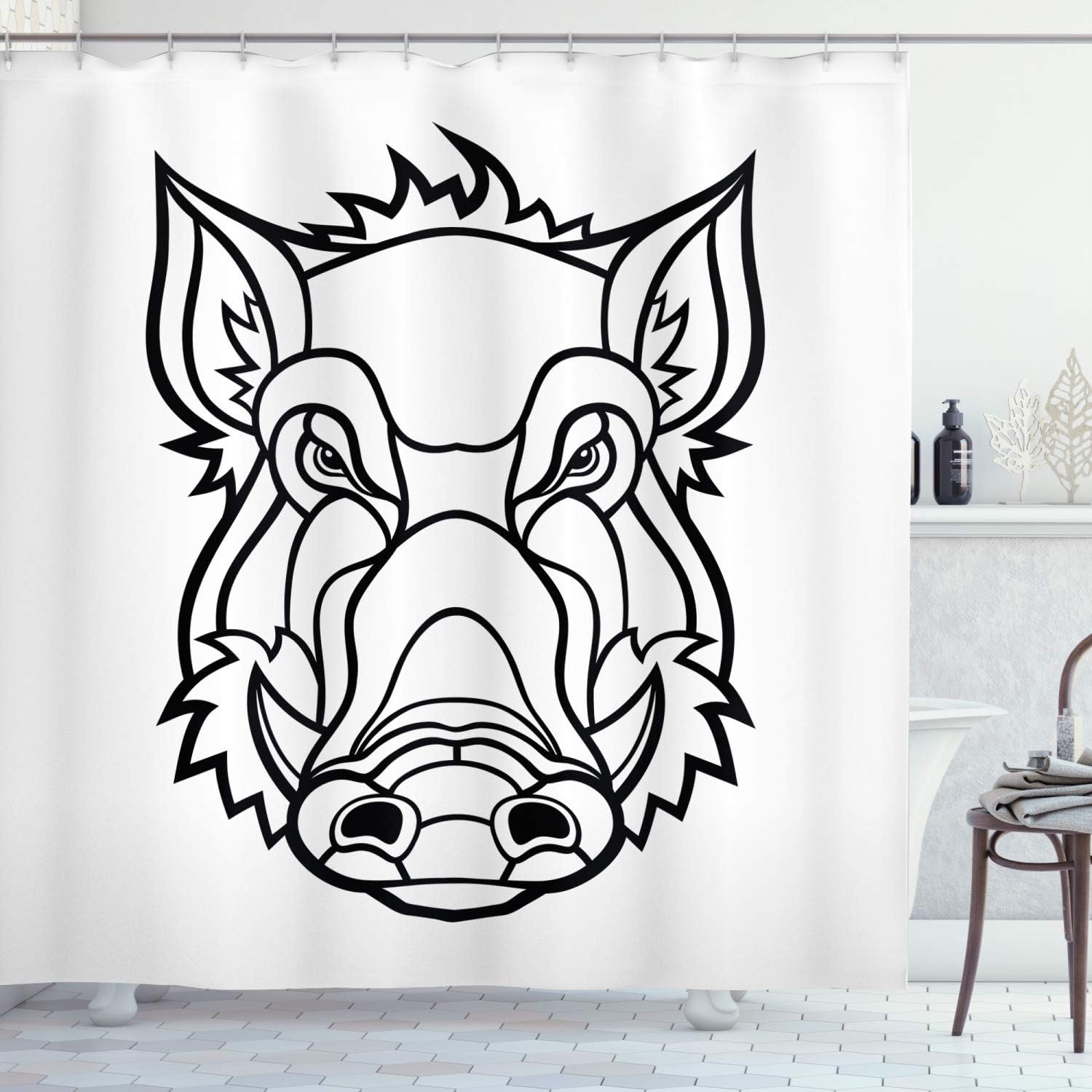 Ambesonne Razorback Shower Curtain, Uncolored Outline Design Drawing of Wild Boar Pig Head Illustration, Cloth Fabric Bathroom Decor Set with Hooks, 69" W x 70" L, Charcoal Grey and White