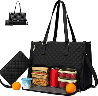 Lancheira 2 em 1 para mulher, conjunto de lancheiras 2 em 1, bolsa para laptop de 15,6 polegadas com compartimento isolado à prova de fugas, elegante bolsa de trabalho e viagem para escritório, Preto