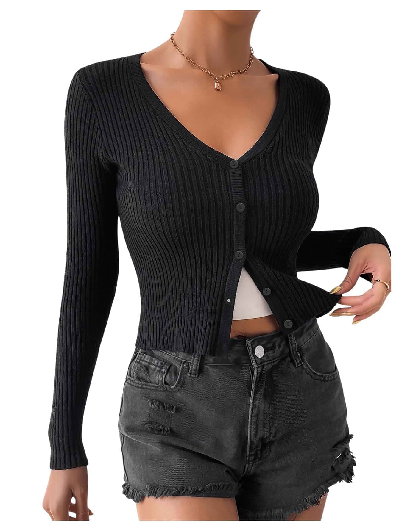 SHENHE Women's Ribbed Knit V Neck Lightweight Cropped Cardigan Sweater Cropped Cardigan For Women,Button Down,Long Sleeve,Street Wear