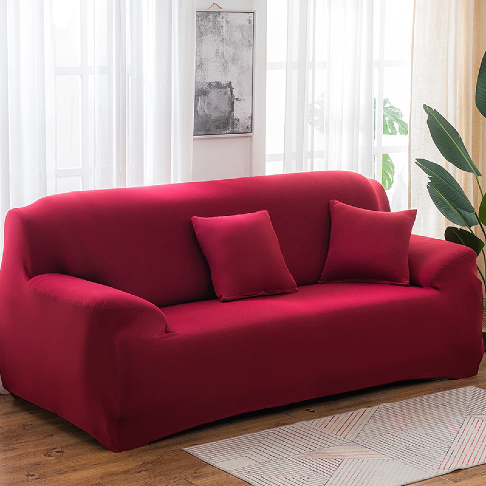 Sofa Cover Wine Red Stretch Sofa Covers Spandex Sofa Protectors from Pets Washable Covers for Sofas Non Slip Couch Covers All Seasons Couch Cover with Elastic Strap 1 Seater