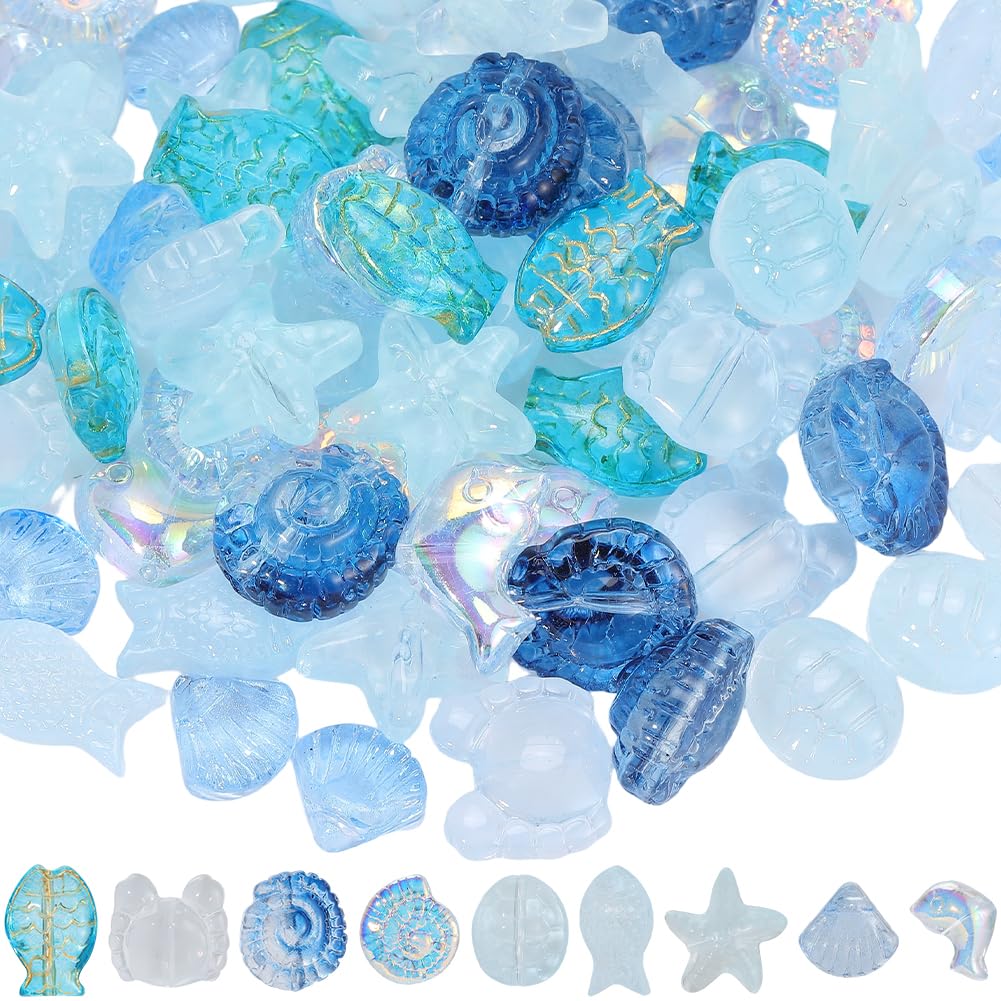 BEAMARKER 90Pcs 9 Styles Blue Ocean Theme Glass Beads for Jewelry Making Summer Beach Fish Conch Crab Starfish Tortoise Dolphin Scallop Shell Sea Animal Beads Bulk for DIY Necklace Bracelet Crafts