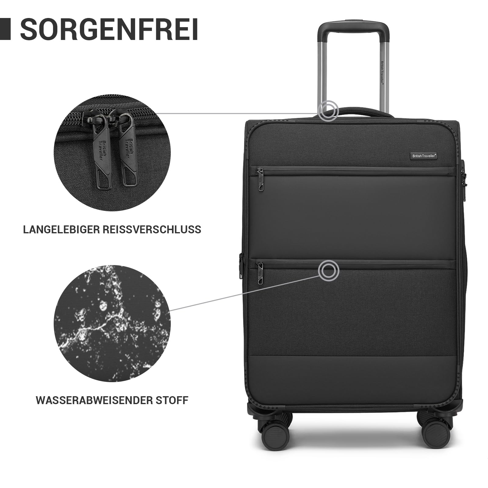 British Traveller Erweiterbarer Koffer groß Stoffkoffer TSA Schloss | 100L Stoff Reisekoffer mit Volumenerweiterung, leichter Weichgepäckkoffer mit leisen 360° Rollen, ideal für Familienurlaub