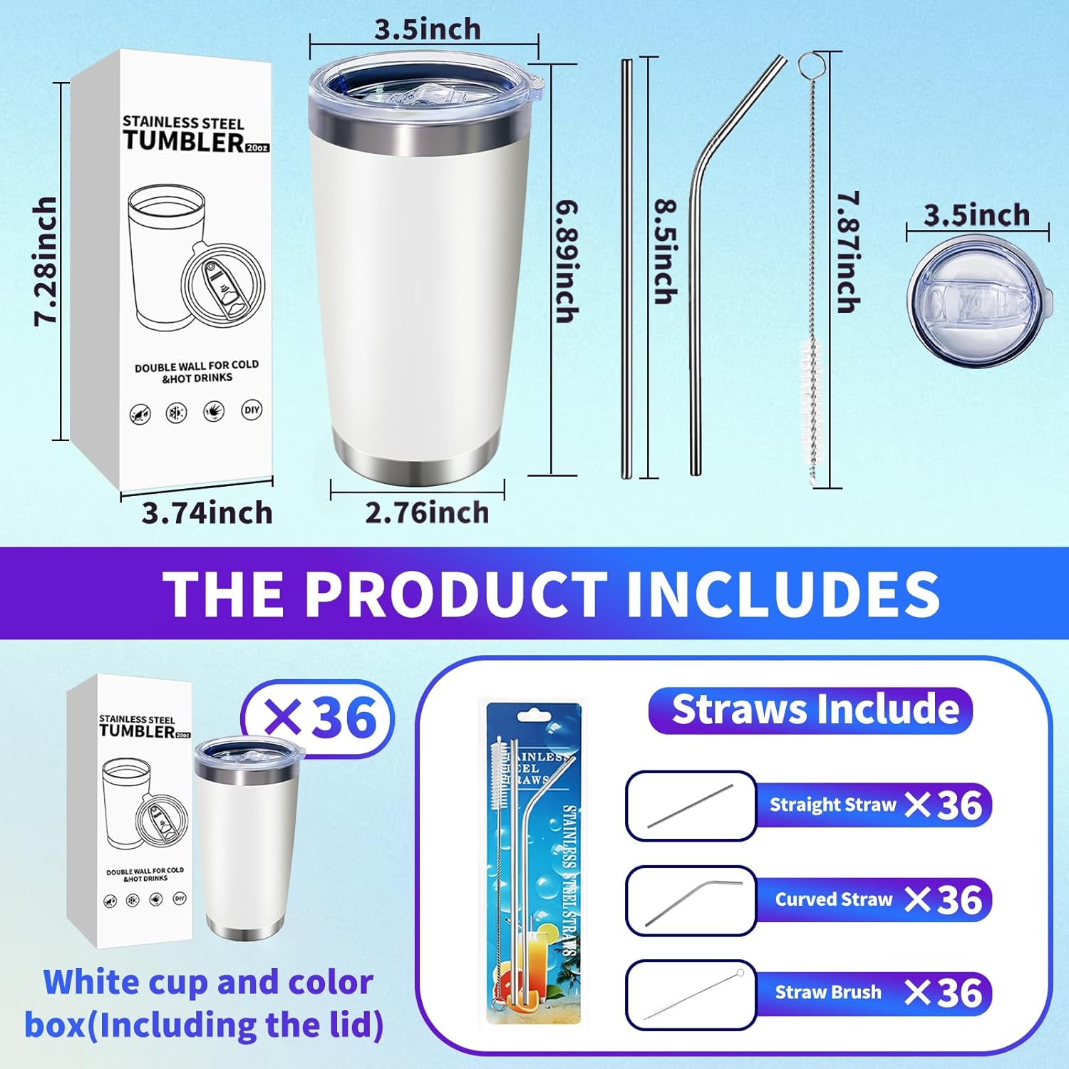 36 Pack, 20oz Stainless Steel Bulk Tumblers with Lids and Straws, Leakproof Double Wall Travel Mug for Hot/Cold Drinks, Home Office Outdoor Party Use, Durable Powder Coated Insulated Cup/White - Image 2