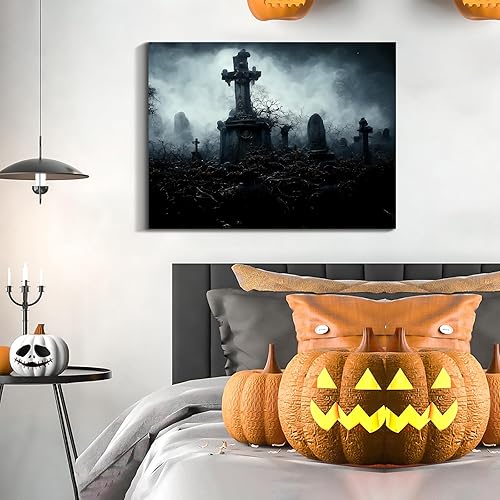 Miniatura 79 de Denozer Lienzo decorativo para pared de Halloween, castillo de terror de 32 x 24 pulgadas, decoración de pared de luna, decoración de otoño de Obra