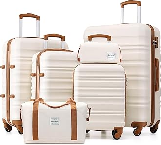 6 Piece Luggage Set Carry on Suitcase with ABS+PC hardshell, Spinner Wheels & YKK Zipper TSA Lock (BEIGE-BROWN, 6 piece set)