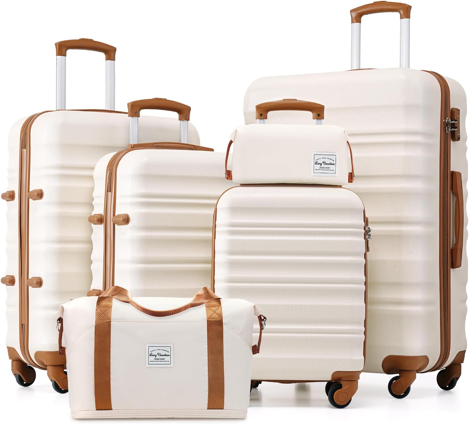 6 Piece Luggage Set Carry on Suitcase with ABS+PC hardshell, Spinner Wheels & YKK Zipper TSA Lock (BEIGE-BROWN, 6 piece set)