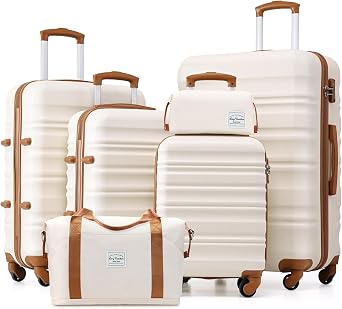 LONG VACATION Luggage Set 4 Piece Luggage Set ABS Hardshell TSA Lock Spinner Wheels Luggage Carry on Suitcase White-Brown, 6 Piece Set