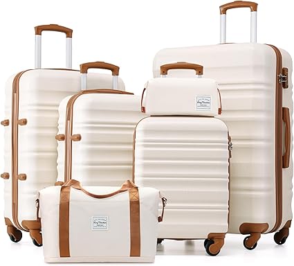 LONG VACATION 6 Piece Luggage Set Carry on Suitcase with ABS+PC hardshell, Spinner Wheels & YKK Zipper TSA Lock (BEIGE-BROWN, 6 piece set)