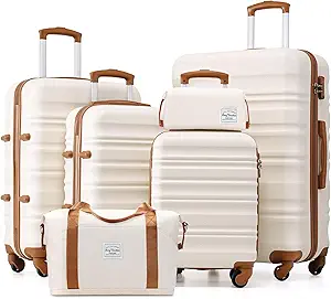 LONG VACATION 6 Piece Luggage Set Carry on Suitcase with ABS+PC hardshell, Spinner Wheels & YKK Zipper TSA Lock (WHITE-BROWN, 6 piece set)