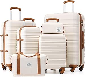 LONG VACATION 6 Piece Luggage Set with ABS+PC Hardshell, Spinner Wheels & TSA Lock - Beige-Brown