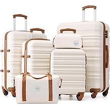6 Piece Luggage Set Carry on Suitcase with ABS+PC hardshell, Spinner Wheels &amp; YKK Zipper TSA Lock (BEIGE-BROWN, 6 piece set)