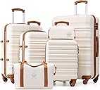 LONG VACATION 6 Piece Luggage Set Carry on Suitcase with ABS+PC hardshell, Spinner Wheels & YKK Zipper TSA Lock (BEIGE-BROWN, 6 piece set)
