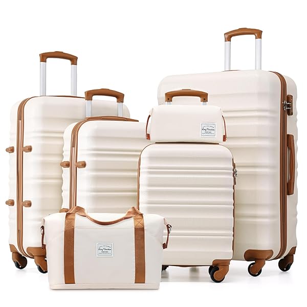 LONG VACATION 6 Piece Luggage Set Carry on Suitcase with ABS+PC hardshell, Spinner Wheels & YKK Zipper TSA Lock (WHITE-BROWN, 6 piece set)