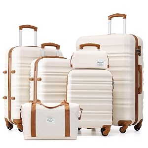 LONG VACATION 6 Piece Luggage Set Carry on Suitcase with ABS PC hardshell Spinner Wheels YKK Zipper TSA