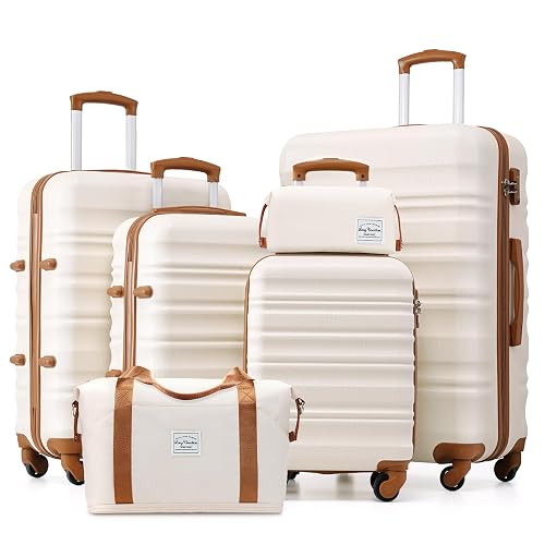 LONG VACATION Luggage Sets, 6 Piece, Hardshell Suitcase with Spinner Wheels | Family & Extended Travel Use, ABS+PC Lightweight Luggage with YKK Zipper, TSA Lock, Space-Saving Nested, Beige-Brown