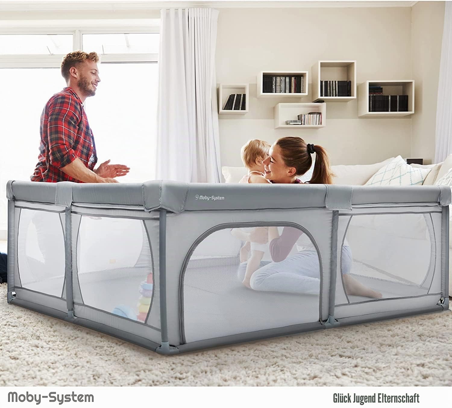 Moby-System Laufstall Baby Faltbar & Laufgitter, Aktivitätszentrum mit Rutschfester Basis - Wasserdichtes 210D PVC, Transporttasche, 200x140cm - Spielbereich für Kinder