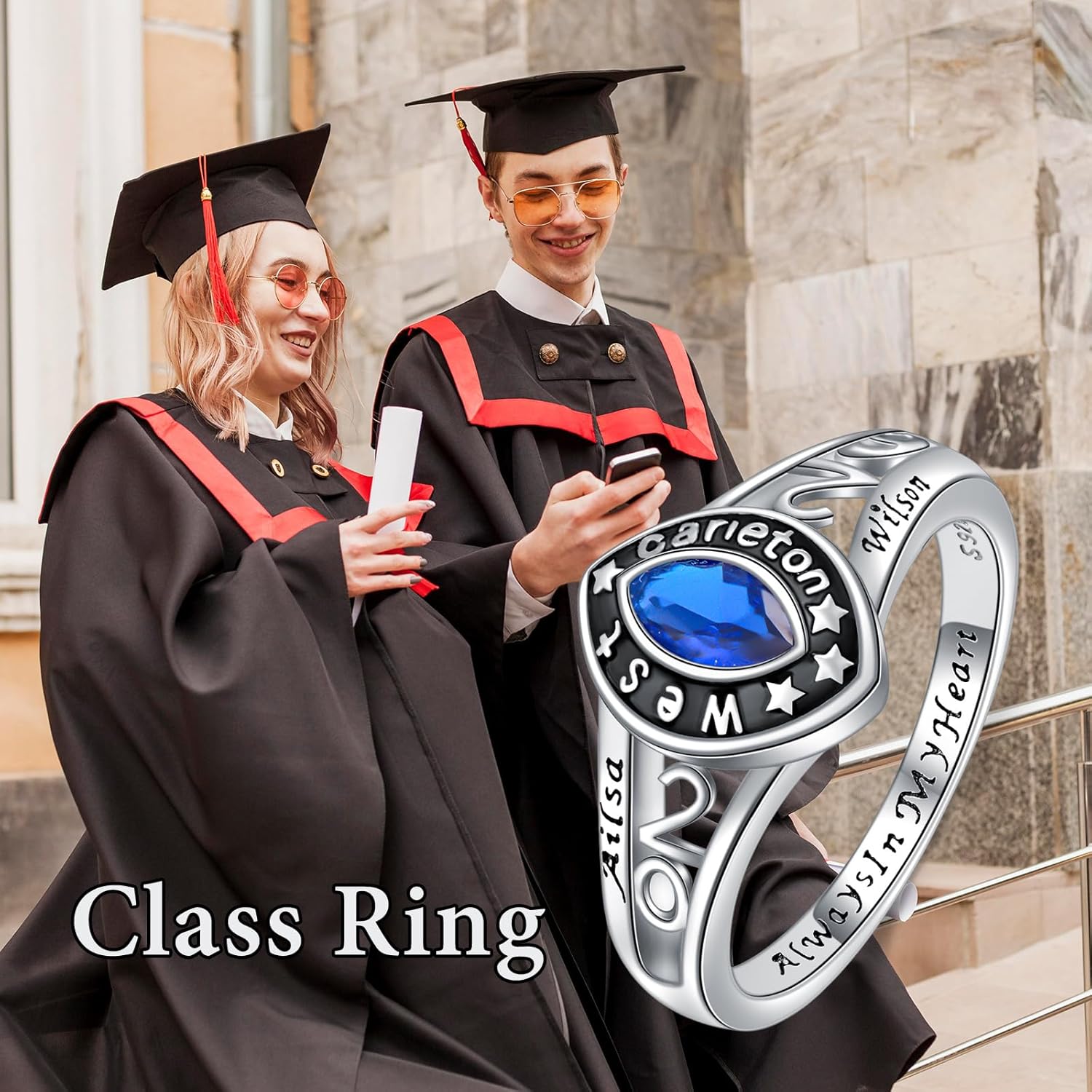 10K/14K/18K Gold/Sterling Silver Class Ring for Men and Women Customized High School College Ring Personalized Birthstone Ring Exquisite Graduation Gift