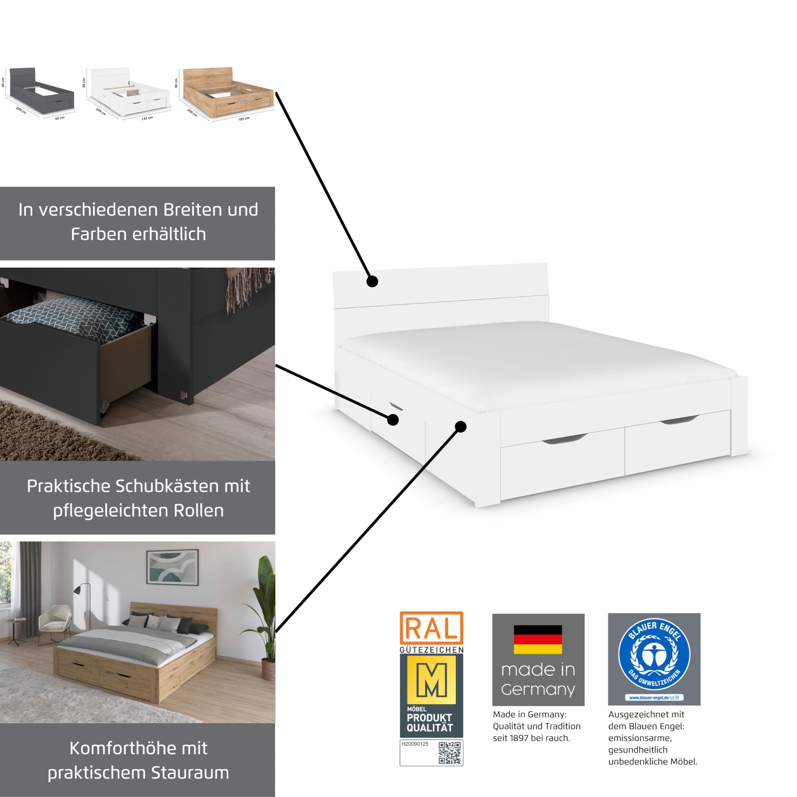 Rauch Möbel FLEXX, Bett, Farbe Eiche Sonoma, Maße 145x90x209 cm | Doppelbett, Stauraumbett, mit 3 Schubladen, für Schlafzimmer, Jugendzimmer, Gästezimmer, Liegefläche 140x200 cm