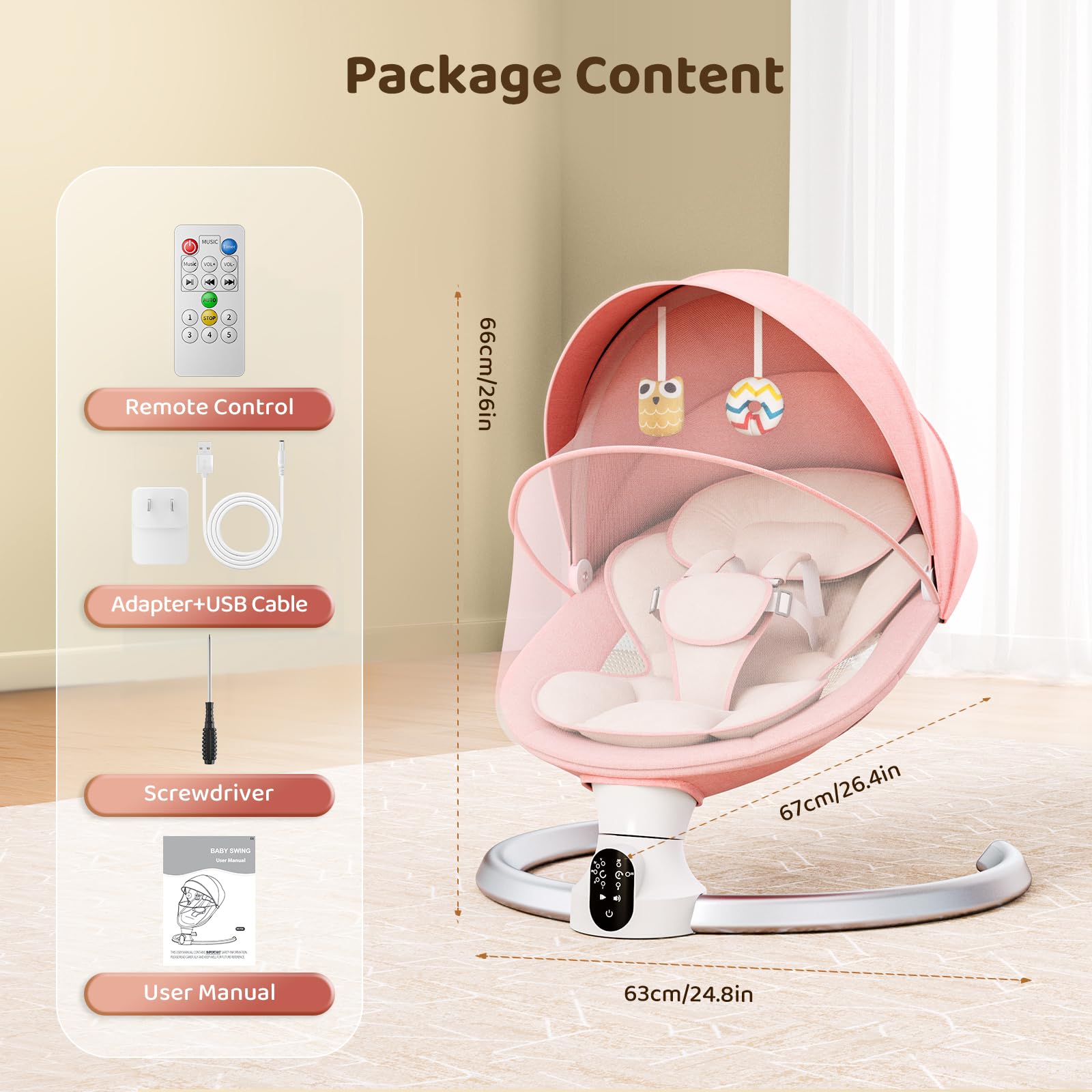 Sdraietta Neonati Elettrica 0-9 kg, Dondolo Neonati Elettrico con Telecomando e Bluetooth, Sdraietta con 5 Ampiezza di Dondolio e Cintura di Sicurezza a 5 Punti,Rete per Insetti (Rosa)