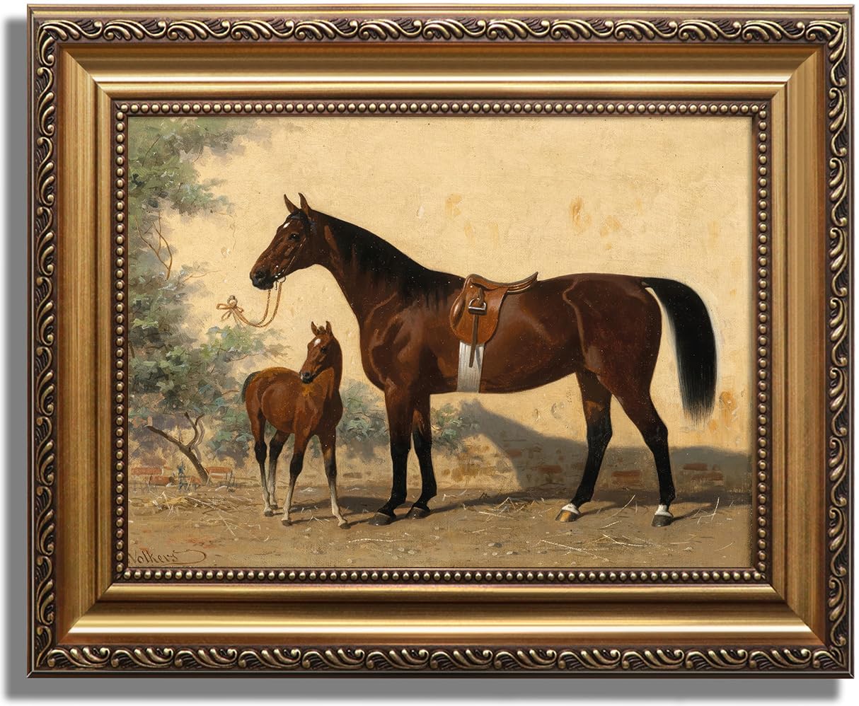 KBKBART Vintage Gold Framed Horse Wall Art Farmhouse Animals Picture Decor