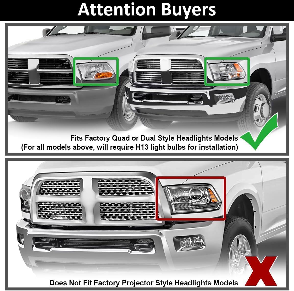 SPEC-D TUNING Black Quad Headlights Compatible with 2009-2018 Dodge Ram 1500/2500/3500 Left + Right Pair Head Lights Lamp Assembly