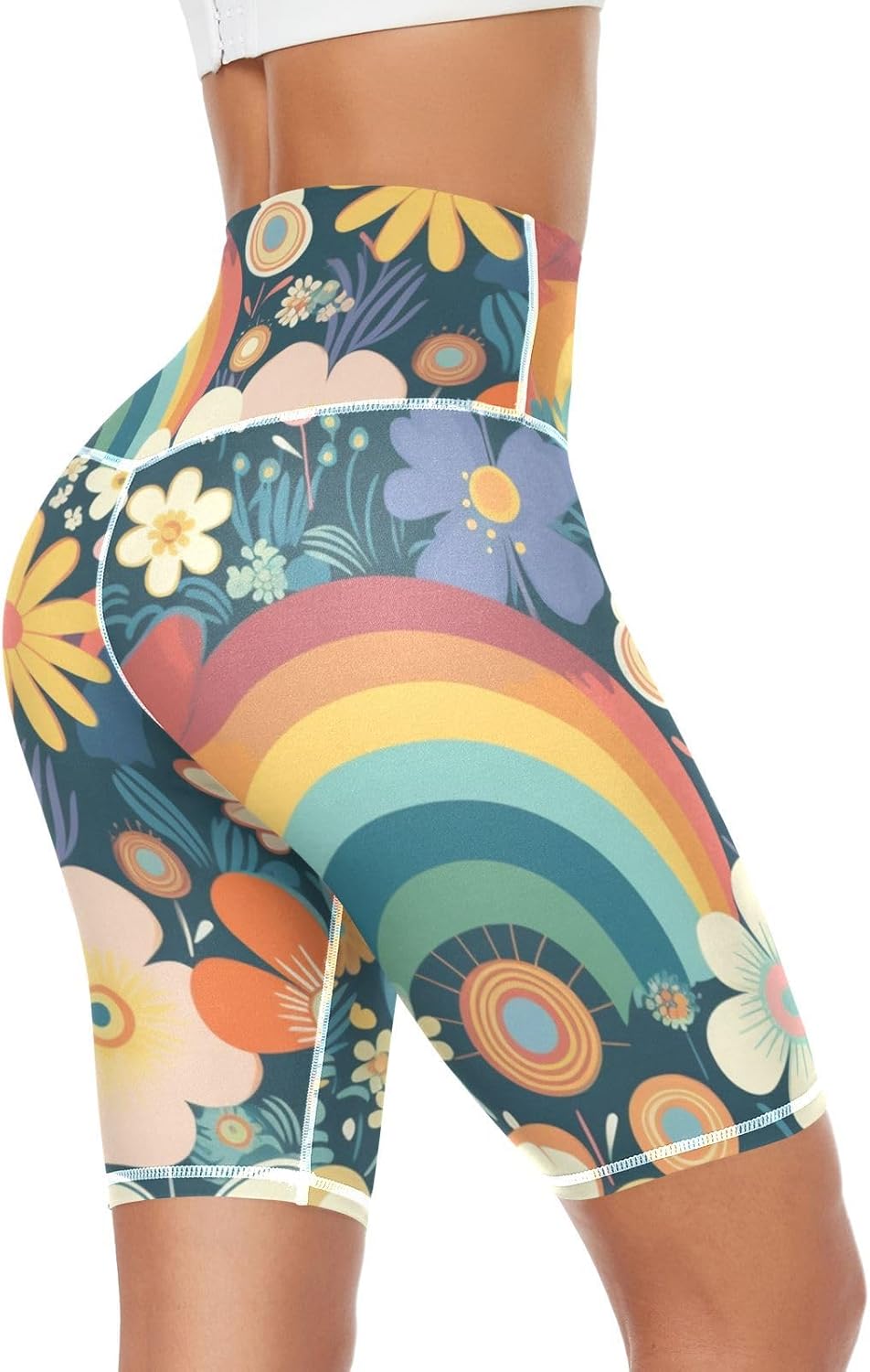 Women's Biker Shorts with Pocket High Waist Knee Length Workout Yoga Compression Shorts-Boho Colorful Flowers