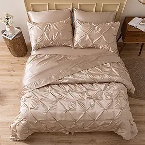 MR&HM Satin Comforter Twin XL 5 Pieces - Luxurious Pinch Pleat Bedding Set with Comforter, Flat Sheet, Fitted Sheet, Pillowcase & Sham, Super Silky Soft Bed Set for All Season (Twin XL, Champagne)