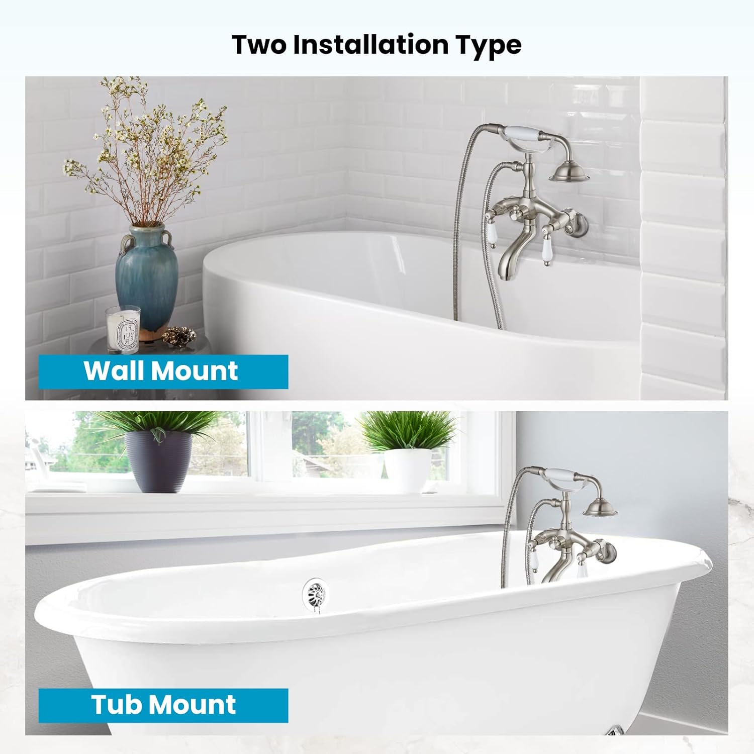 Brushed Nickel Wall-Mounted Clawfoot Tub Faucet with Handheld Shower