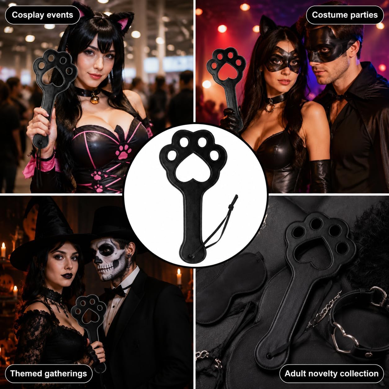 BDSM Spanking Paddle PU Leather Cat Paw Paddle Adult Role Play Paddle Black Wrist Strap Paddle Couples Cosplay Paddle BDSM Toy