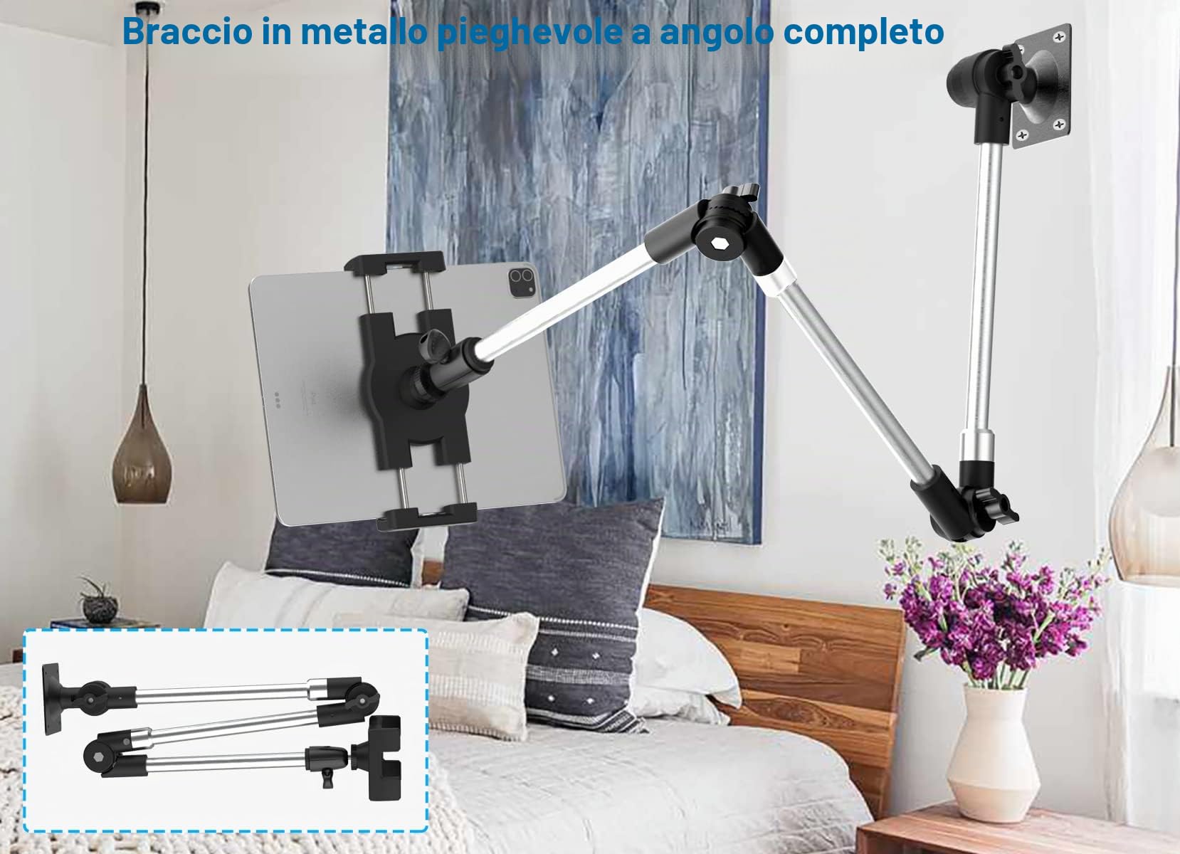 Supporto Tablet Parete Braccio Lungo Metallo, Porta iPad Muro Regolabile | con Braccio Pieghevole [Braccio in Alluminio 95 cm] per iPad Pro Air Mini, Galaxy, Surface, Switch, Cellulare, 4-13"