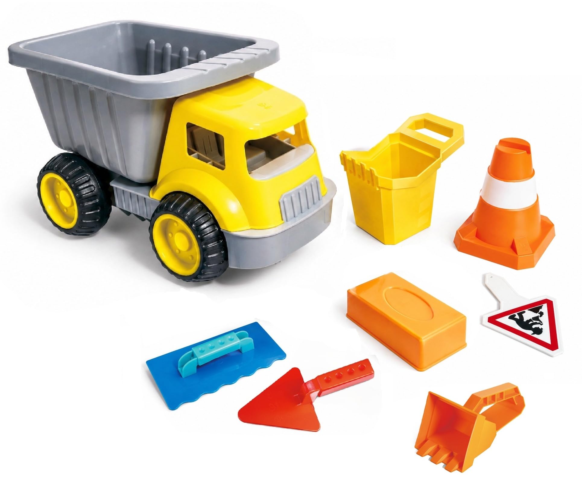 Hape Sandspielzeug Set Kinder Baustelle, Sandlaster mit Baustellen Zubehör und Maurer Set, Outdoor Spielzeug für Strand und Sandkasten