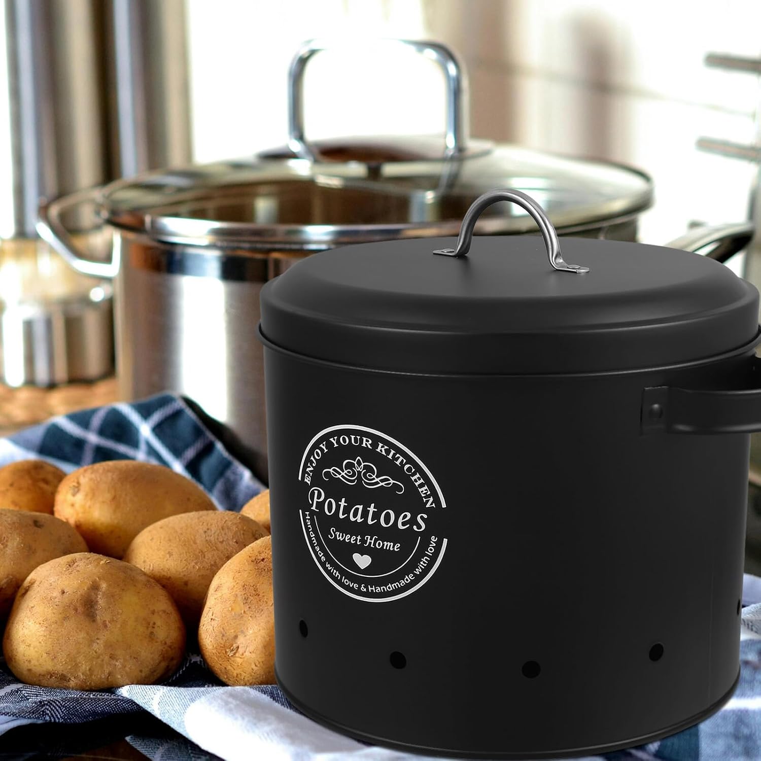 Ciieeo Potato Onion Garlic Storage Bin Metal Vegetable Container Black Kitchen Fresh Keeper Jar for Pantry Countertop Organization