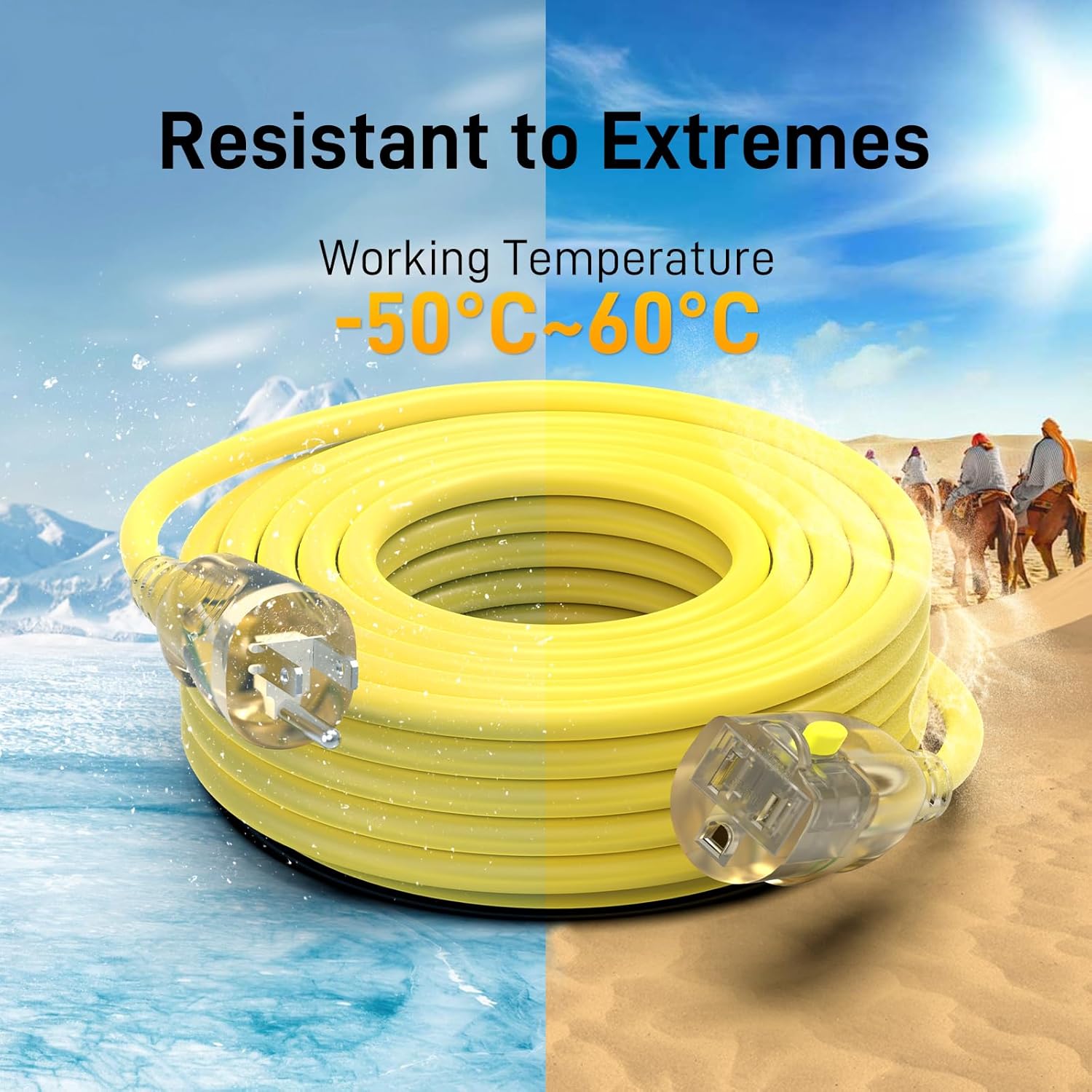 25FT 12/3 Gauge Heavy Duty Outdoor Extension Cord Waterproof, Weatherproof -58°F to 140°F with Lighted Outlet & Press-Release Lock, 15A 1875W 3 Prong, SJTW Electrical Power Cord, ETL Listed (Yellow)