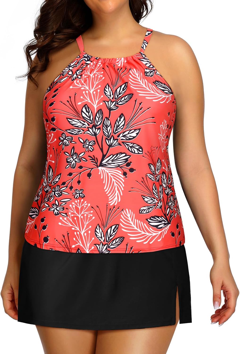Yonique Women Two Piece Plus Size Tankini with Skirt Tummy Control Bathing Suits High Neck Swimsuits