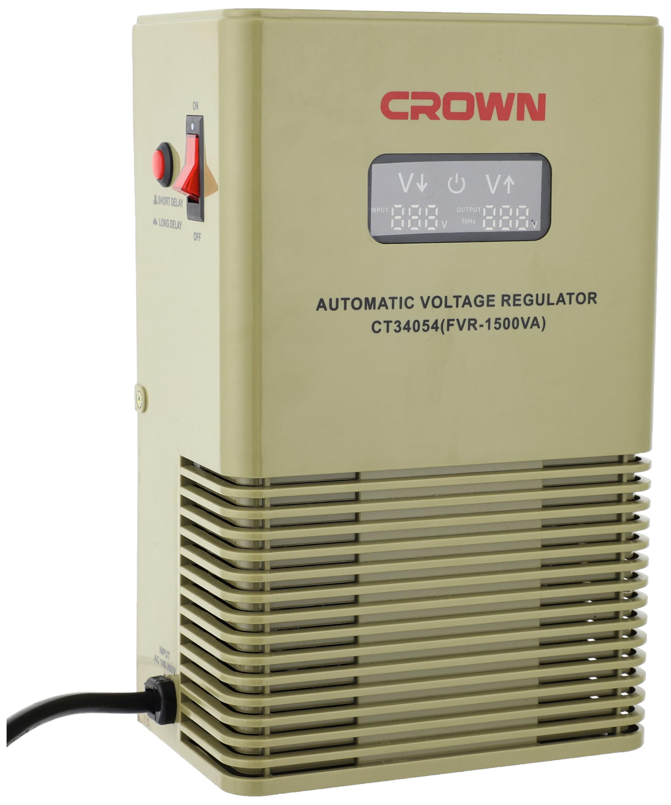 Front view of the CROWN Automatic Voltage Regulator CT34054 showing the digital display, brand logo, model number, and output socket.