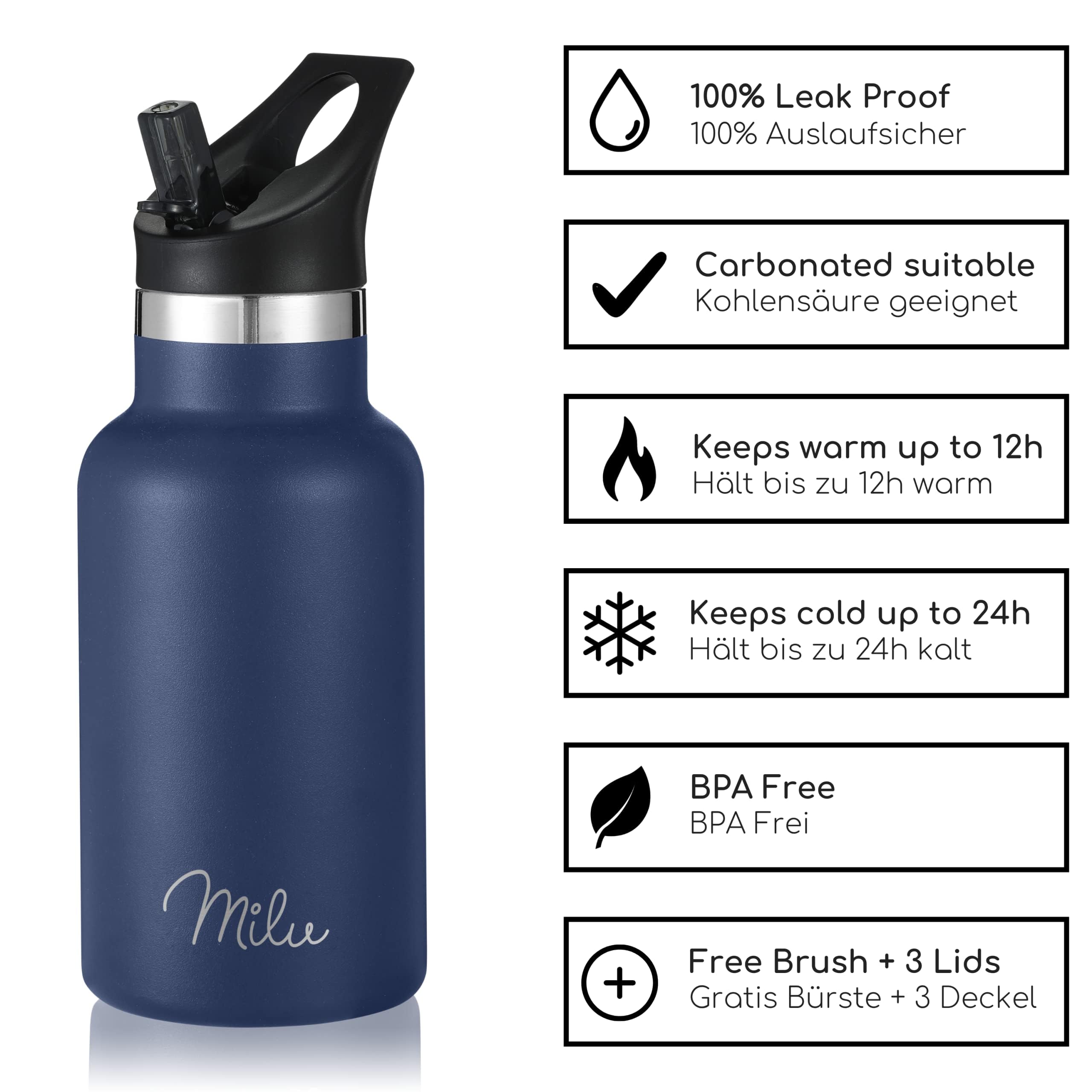 Milu Edelstahl Trinkflasche (+3 Deckel) Thermosflasche mit Strohhalm Isolierte Wasserflasche für Kinder 350 ml – Bild 4