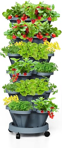 Maceteros verticales de fresa, torre apilable de 6 niveles, macetas apilables para verduras y hierbas con ruedas móviles y platillo inferior para