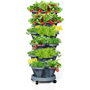 Stackable Strawberry Planters Vertical Tower Garden 6 Tier Stackable Herb Vegetable Planters with Moving Wheels and Saucer Indoor Outdoor Dark Grey