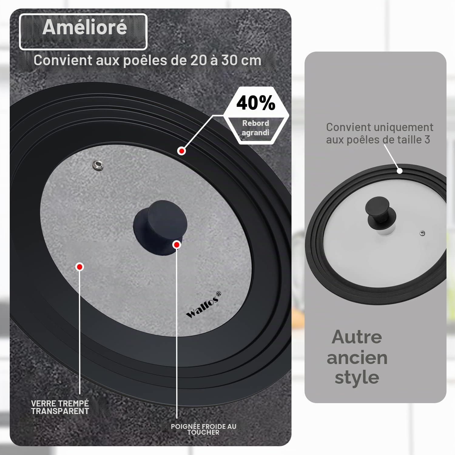 Walfos Couvercle universel Ø 30, 28, 26, 24 et 20 Couvercle en verre pour casseroles, poêles avec bord en silicone gradué, Couvercle pour poêles et casseroles, Couvercle de casserole résistant à la