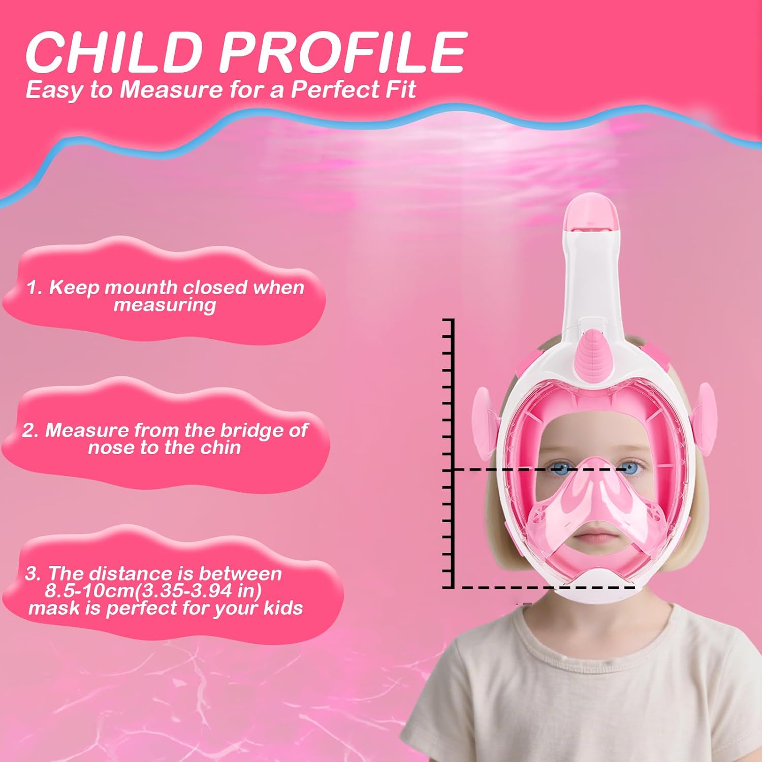 Kids Snorkel Mask Full Face, Snorkeling Gear for Children, Diving Mask with 180°Panoramic View, Anti-Fog and Anti-Leak Snorkel Set with New Breathing System - Pink XS