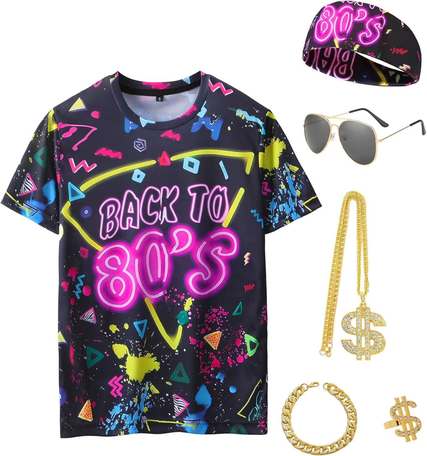 80s 90s Outfits for Men 6 Pcs Hip Hop Rapper Accessories Colorful T Shirt Costume for Cosplay Theme Party