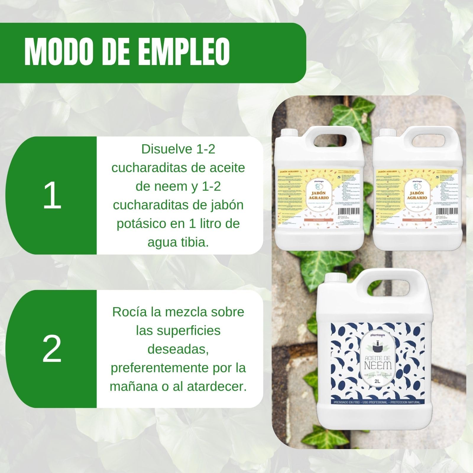 PLANTAWA Pack Jabón Potásico 2x5L + Aceite de Neem 2L | Solución Multiusos | Fácil Aplicación y Máxima Eficacia | Versátil | Uso en Interior y Exterior | Productos de origen natural