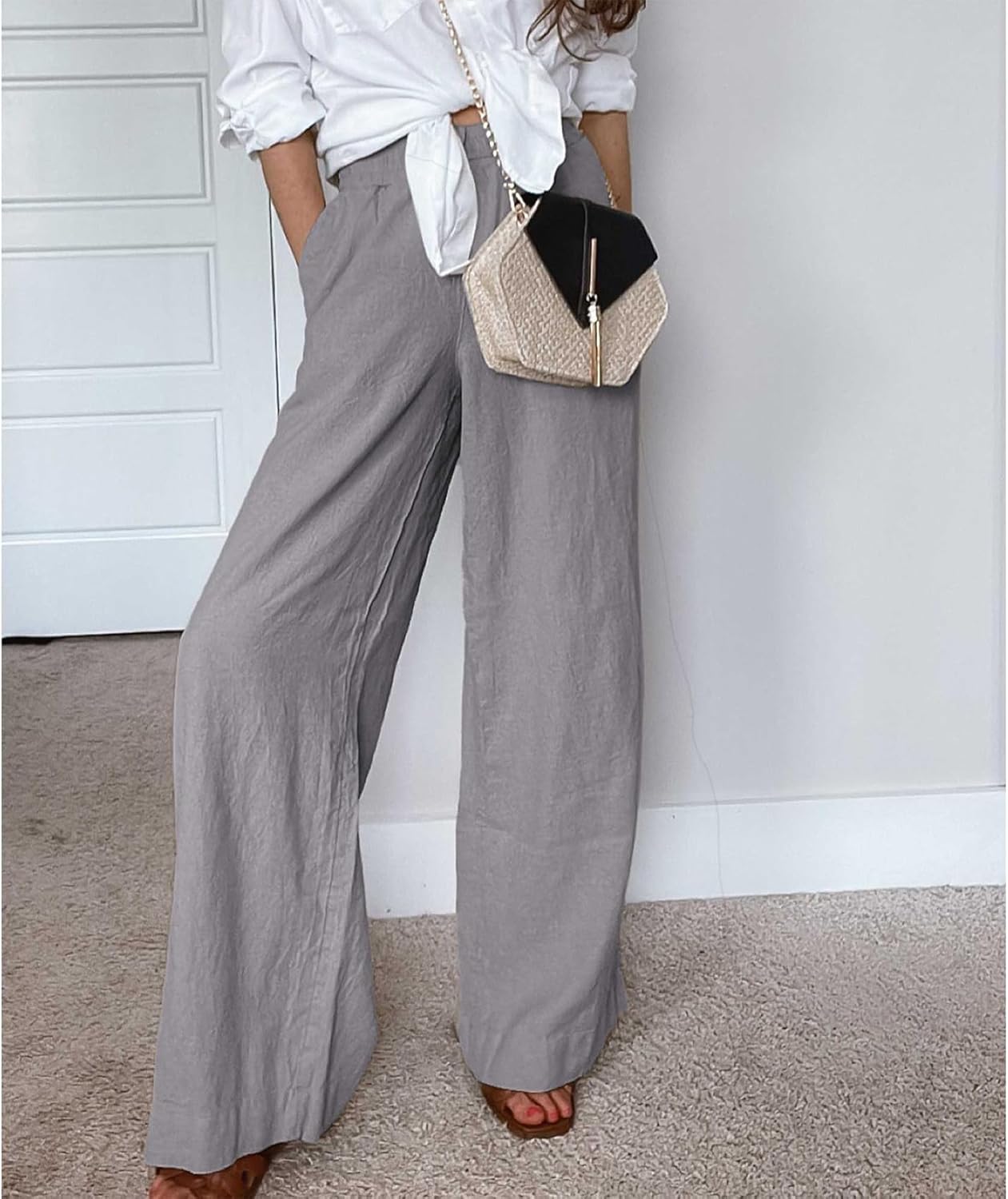 Duyang Womens Cotton Linen Palazzo Pants Drawstring Elastic Waist Casual Wide Leg Trousers with Pockets - Image 5